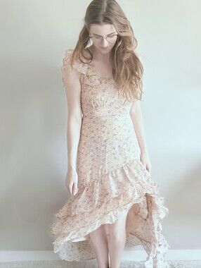ASTR the Label Magnolia Cream Blush Floral Ruffle High-Low Asymmetric Dress XS
